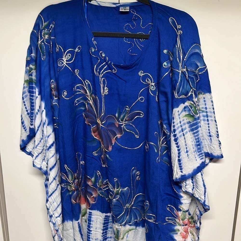 Island Planet Blue Embroidered Swim Cover Up Gold Embellished